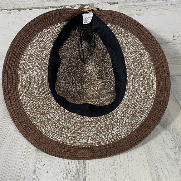 Women's Straw Sun Hat Women's OS Marbled Brown Tan Black Polka Dot Accent Scarf - Picture 4 of 6